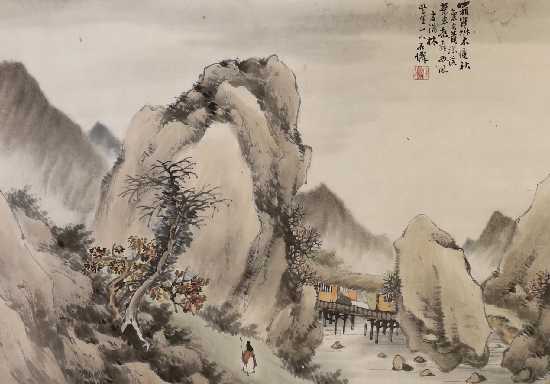 Wu Shixian (?-1916) Chinese, pair of ink and watercolours, Mountainous river landscapes, 48 x 33cm